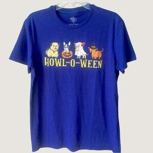 Main and Local Howl O Ween Dog Graphic Tee Blue Mens Medium Halloween Shirt